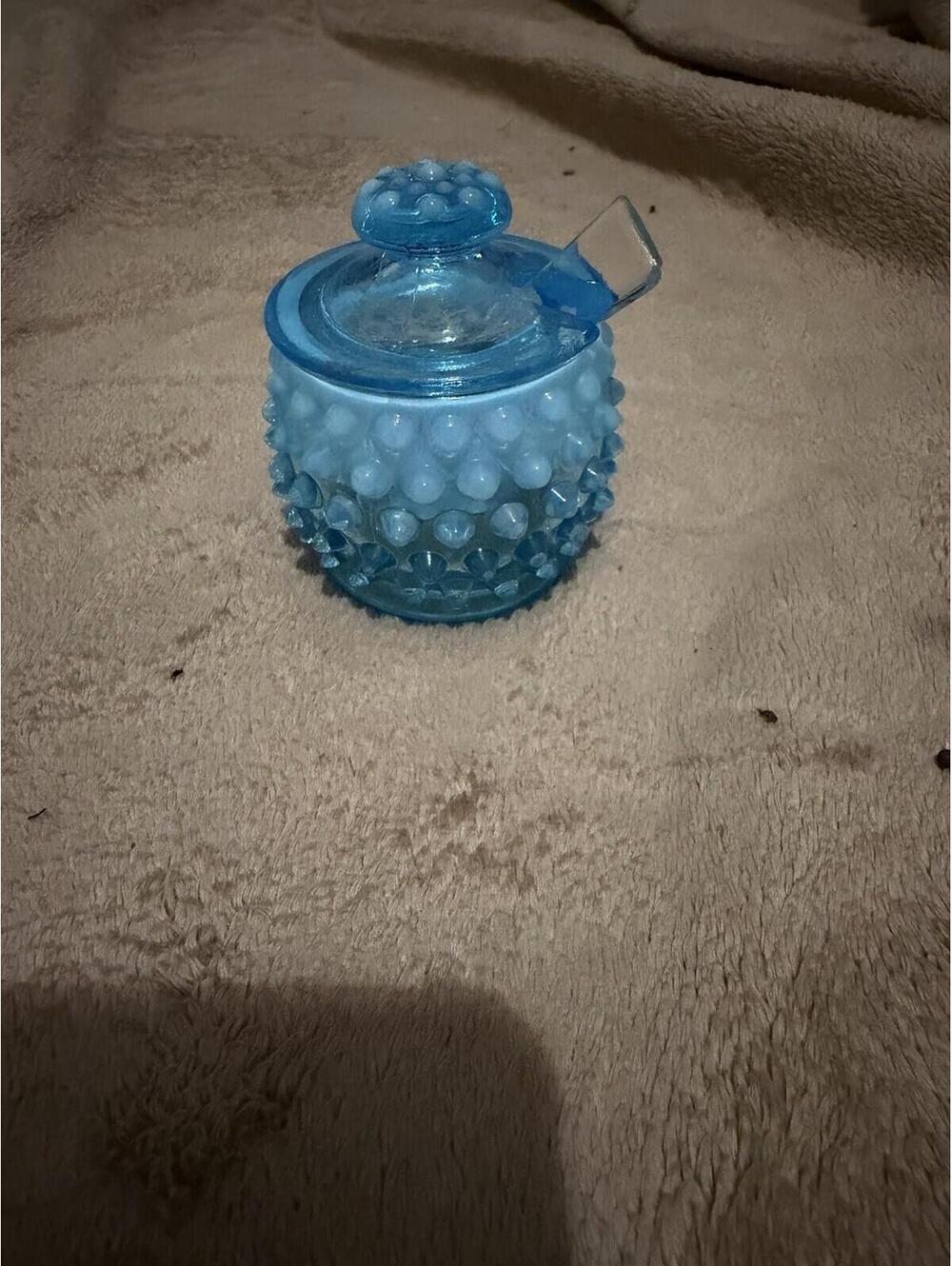 Fenton Blue Opalescent Glass Hobnail Mustard Jar With Clear & Spoon